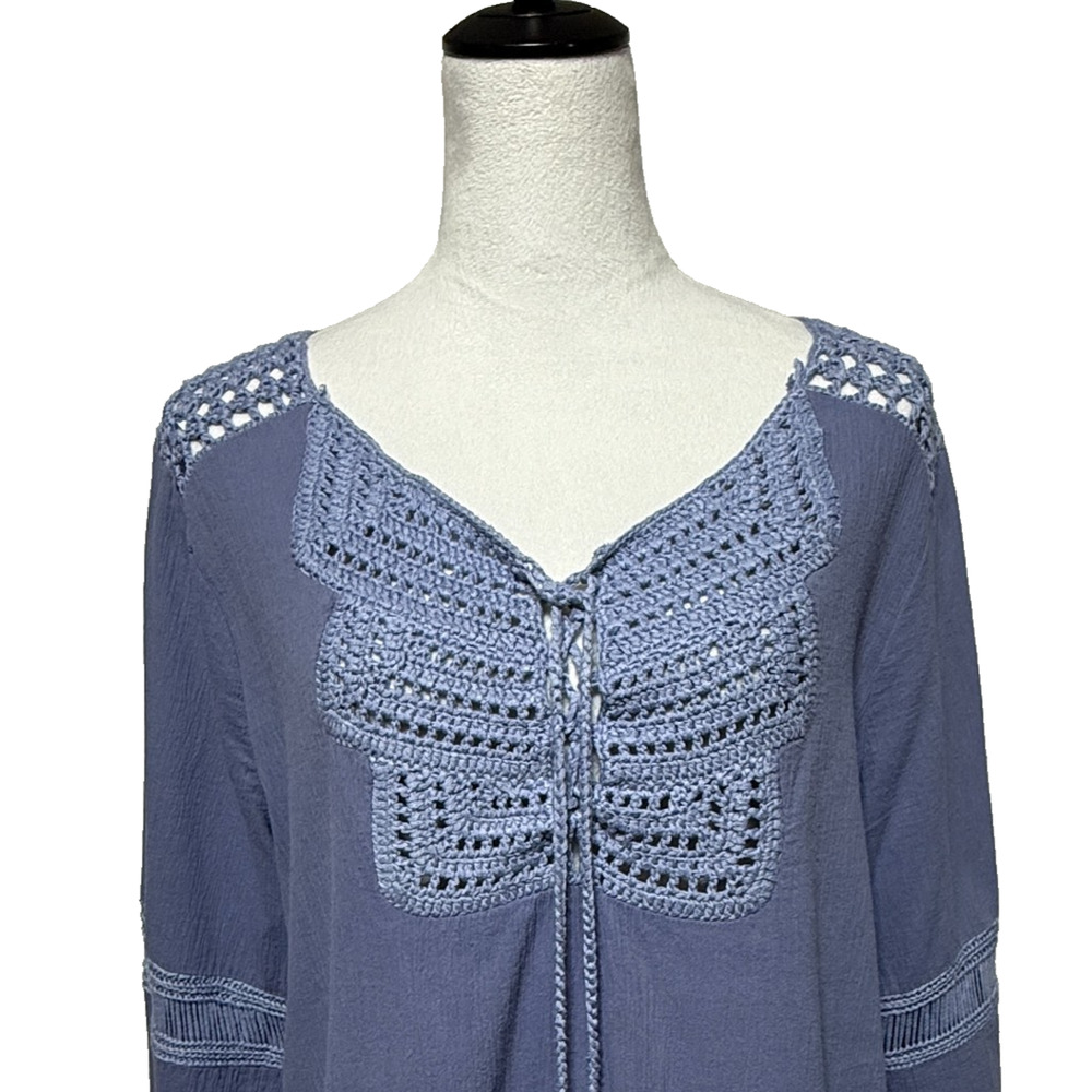 Chicos Top Womens Large 2 Blue‎ Crochet Tasseled Peasant Flowy Beachy Boho